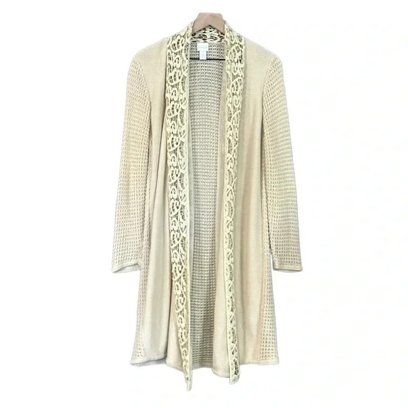 Chico’s Leslie Lace Long Line Knit Open Front Cardigan Cream Medium - Picture 5 of 11